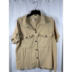 NYC Womens Plus 1X Tan Crinkle Button Down Short Sleeve Roll Tab Utility Shirt